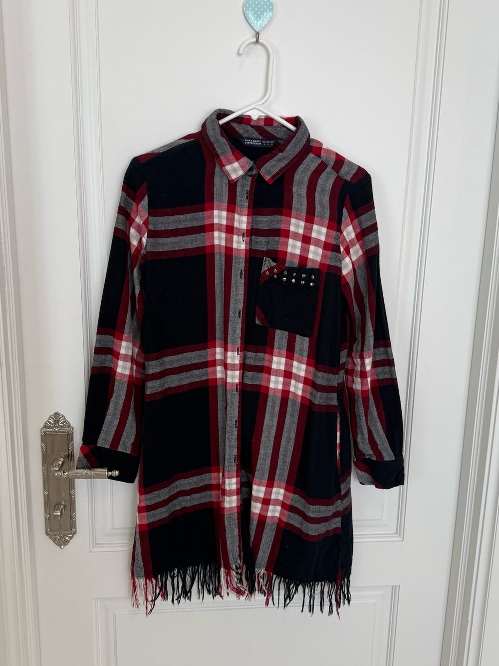 Zara Black, Red & Gray Plaid Fringe Shirt Jacket